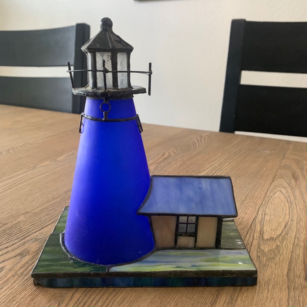Vtg Stained Glass Lighthouse Cobalt Blue Glass Nautical Accent Lamp Cover READ
